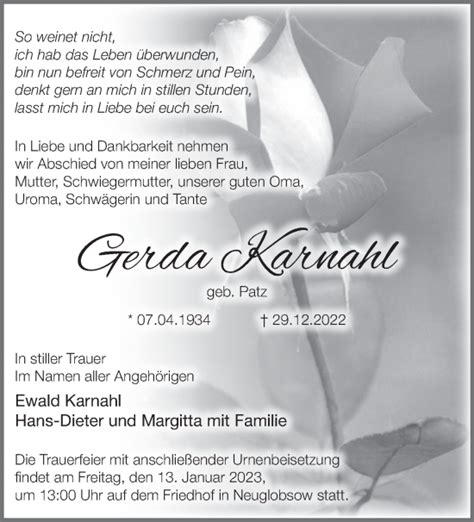 Traueranzeigen Von Gerda Karnahl M Rkische Onlinezeitung Trauerportal