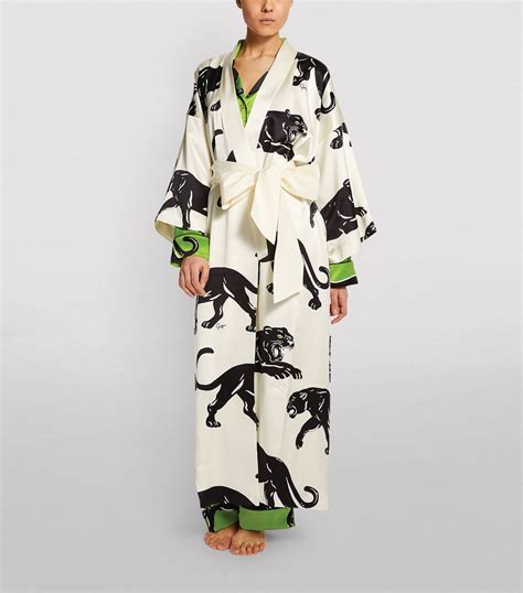 Olivia Von Halle Ivory Silk Queenie Panther Print Robe One Size