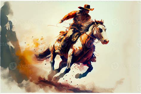 painting of a cowboy riding a horse with a lasset. generative ai ...