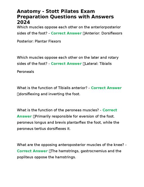 Anatomy Stott Pilates Exam Preparation Questions With Answers 2024