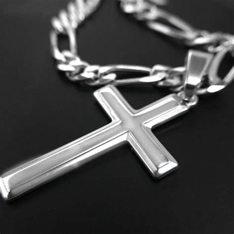 Mens Sterling Silver Cross Necklace With Figaro Chain And Etsy