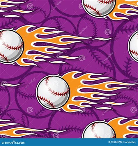 Seamless Vector Pattern With Baseball Softball Ball Icon And Flame