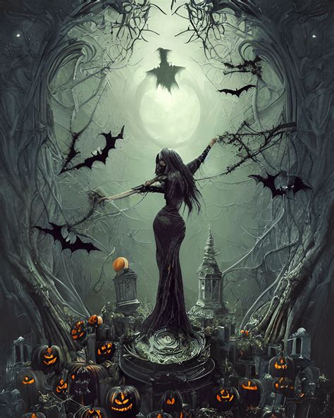 Halloween Scene With Stunning Witch Flying Over Vintage Cemetery