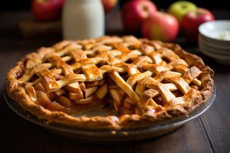 Premium Photo Homemade Apple Pie With Lattice Crust On A Kitchen Counter