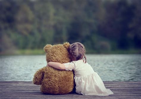 Kids children childhood teddy bear friendship friends lakes hug girl ...