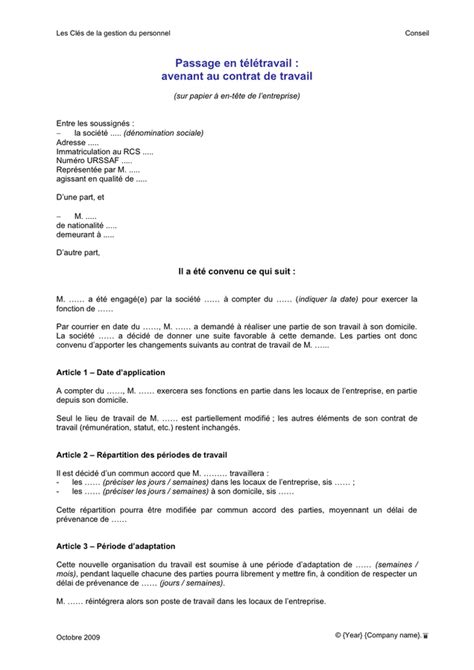 Exemple de passage en télétravail avenant au contrat de travail DOC