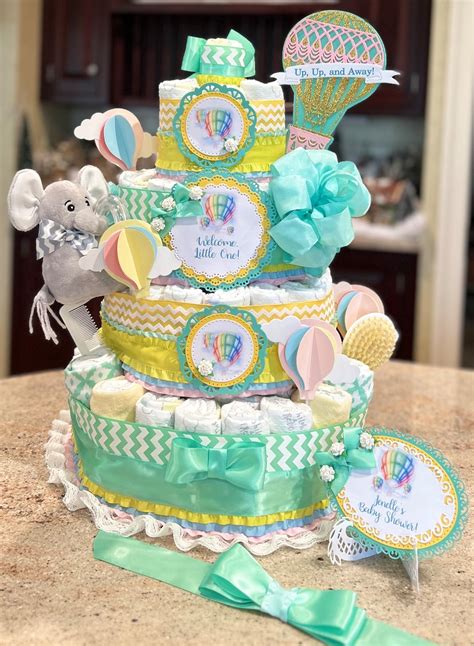 Premium 5 Tier Hot Air Balloon Diaper Cake With Stuffed Bear Brush Comb Washcloths Balloon