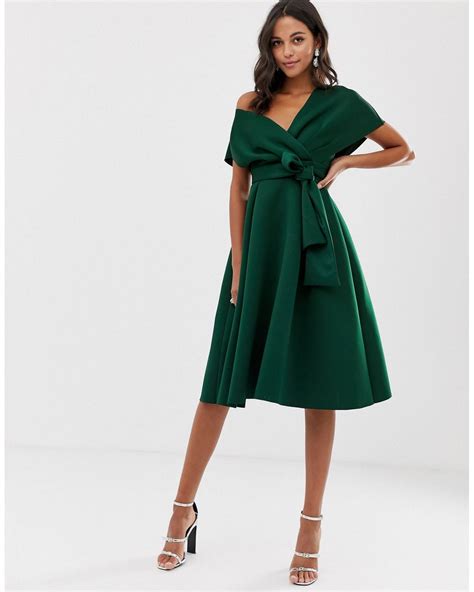 Asos Fallen Shoulder Midi Prom Dress With Tie Detail In Green Lyst