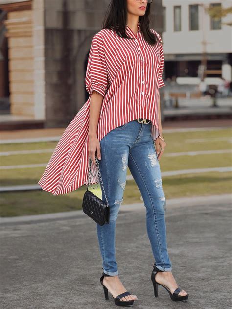 Striped Colorblock Batwing Sleeve Dip Hem Top Dip Hem Blouse Dip Hem