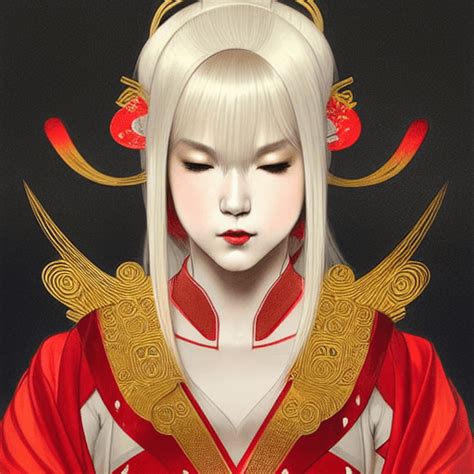 Héros blonde féminine dans un costume de magitech blanc rouge et doré à thème japonais