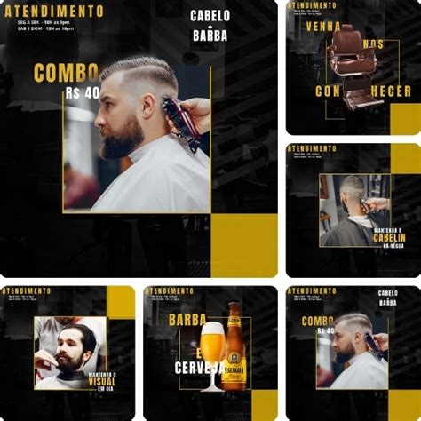 Artes para Barbearia Barbeiro Editáveis no Canva Legendas