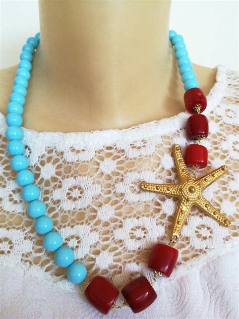 Turquoise Pearl Necklace And Coral Starfish Necklace Choker Necklace