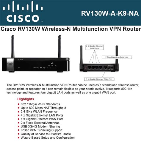 Cisco RV130W Multifunction VPN Wireless Router 802 11b G N 4 Port