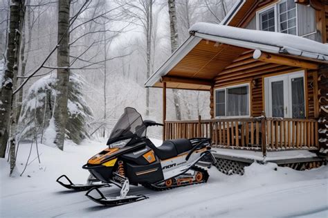 Premium Photo Snowmobile Parked Next To A Cozy Winter Cabin
