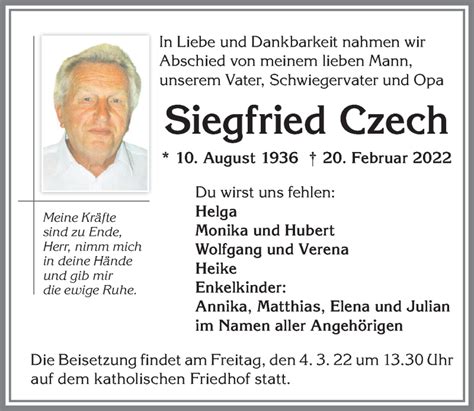 Traueranzeigen Von Siegfried Czech Allg Uer Zeitung