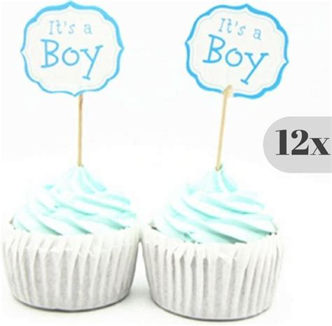 Cupcake Toppers Babyshower Geboorte Its A Boy Jongen Blauw Taart