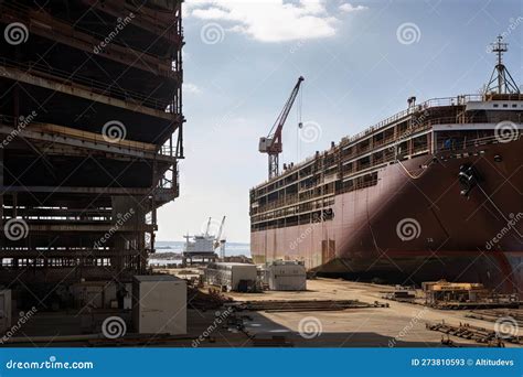 Shipyard, with View of Massive Ship Under Construction Stock ...