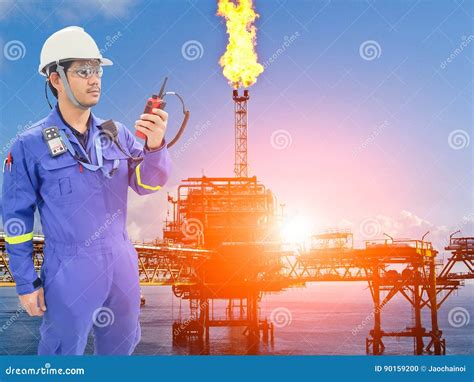 Working Engineer At Offshore Oil And Gas Refinery Stock Photo Image