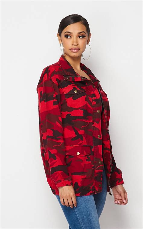 Zip Up Camouflage Cargo Jacket Red S 3xl