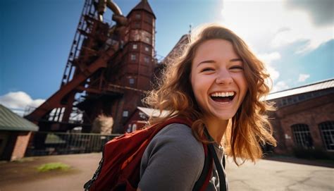 Stockfoto Eines 18 Jährigen Mädchens Auf Eurotrip Das Glücklich Und Lachend Eine Weltkarte In