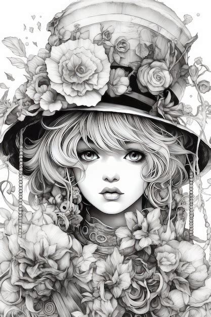 Un Dessin En Noir Et Blanc D Une Femme Avec Des Fleurs Sur Son Visage