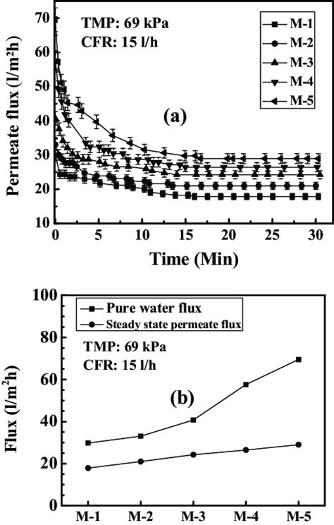 A Permeate Flux Profile Of Different Membrane B Pure Water Flux And