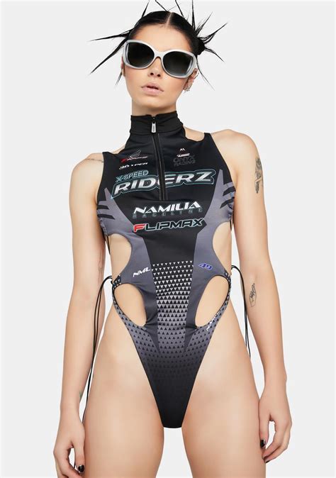 Namilia Racing Print Cut Out Strappy Bodysuit Black Grey Dolls Kill