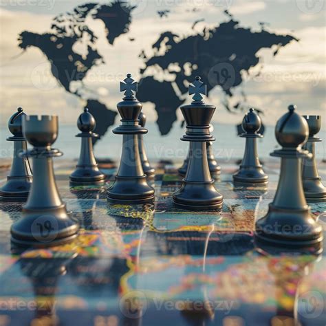 AI Generated Chess Pieces Positioned On World Map Global Tactics And