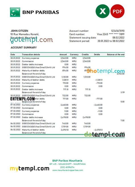 Mauritania BNP Paribas Bank Statement Excel And PDF Template In 2022