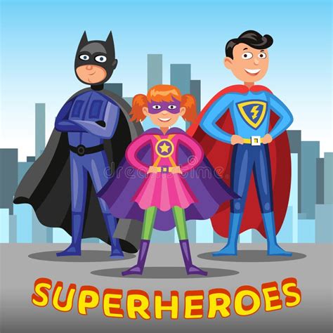 Three Cartoon Superheroes Boys And Girl In Superhero Costumes Stock