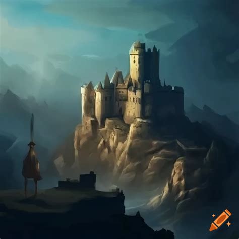 Pixel Art Of A Man Standing On A Cliff With A Sword In A Fantasy