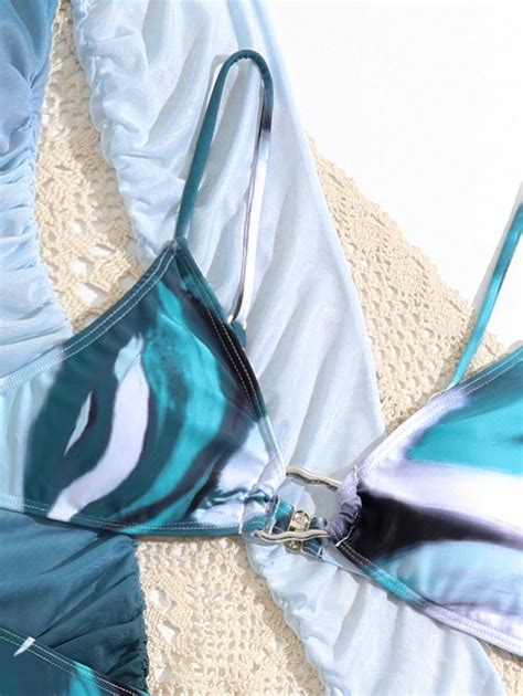 Teen Girls Ombre Tulle Clouds Metallic Decor Oblique Shoulder Long Sleeve Bikini Set Mommy And