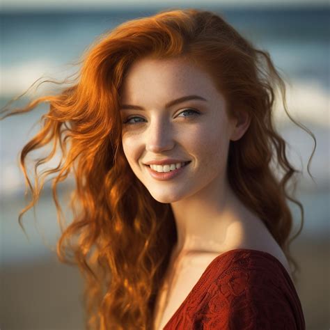 Premium Photo Illustration Of A Beautiful Smiling Redhead At The Beach