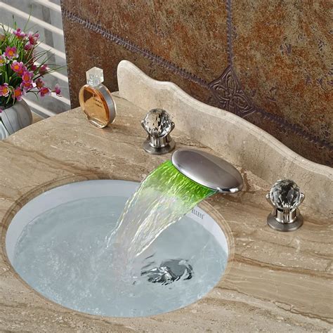 Led Light Waterfall Spout Brushed Nickel Deck Mounted Basin Sink