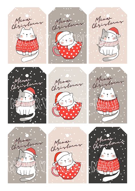 Meow Christmas Cats Printable Gift Tags Christmas Pdf File Etsy