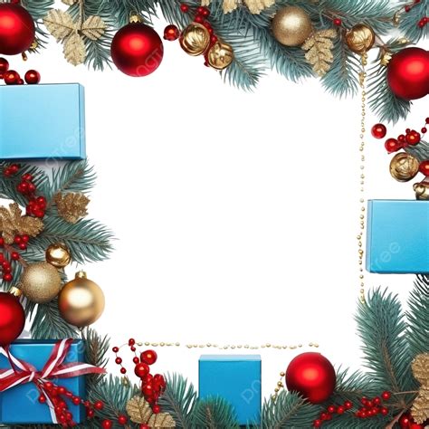 Blue Christmas Frame With Fir Branches Red Giftboxes Silver And