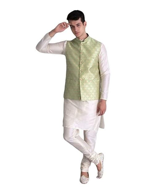 Buy Ethluxis Mens Off White And Green Silk Blend Kurta Chudidar Pyjama