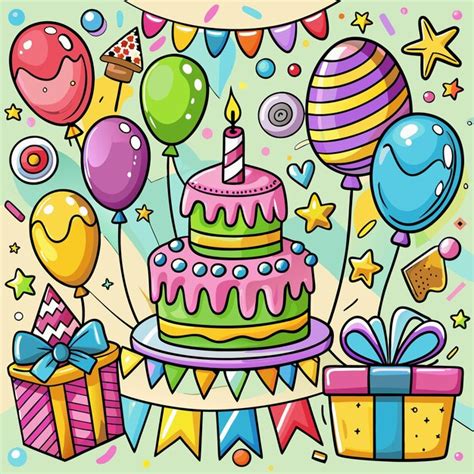 Premium Vector Colorful Birthday Cake With Balloons And Presents