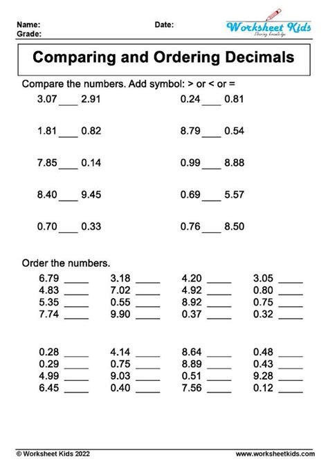 Comparing And Ordering Decimal Worksheets For Grade 4 And 5