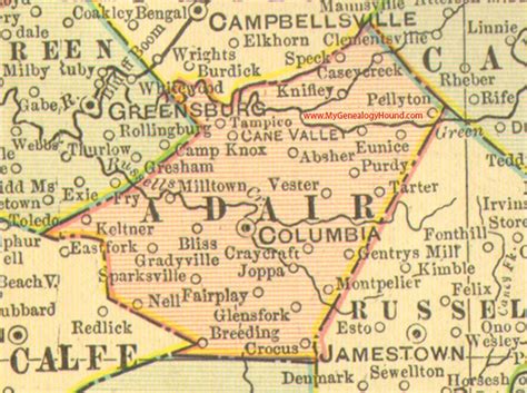 Adair County, Kentucky 1905 Map Columbia, KY