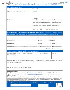 Fillable Online Humber Recovery College Enrolment Form Humber Nhs