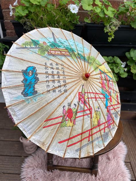 Vintage Hand Painted Japanese Parasol Bamboo Umbrella Linen Paper La448321