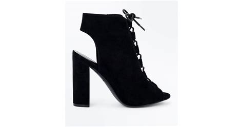 Black Suedette Lace Up Peep Toe Heels New Look