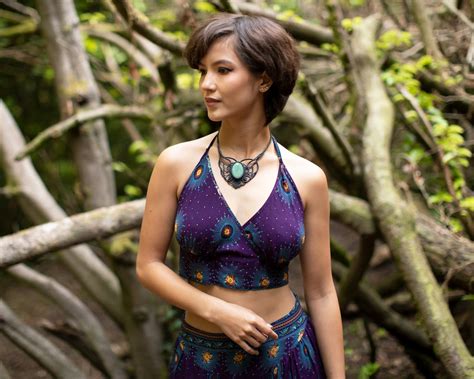 Purple Bikini Crop Top Peacock Print Hippie Psy Trance Crop Top Etsy