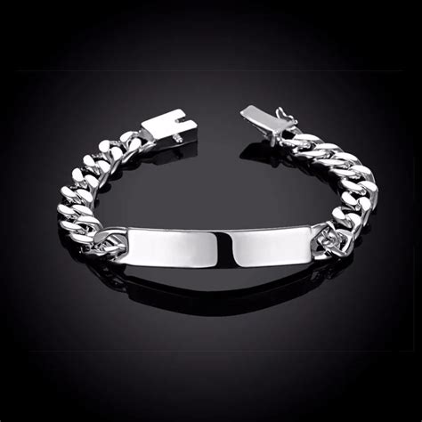 10mm Wide Men's 925 pure silver plated Curb Chain ID Bracelets High ...