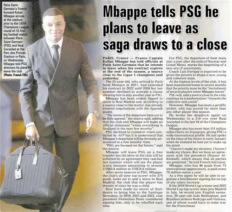 Mbappe Tells Psg He Plans To Leave As Saga Draws To A Close Pressreader