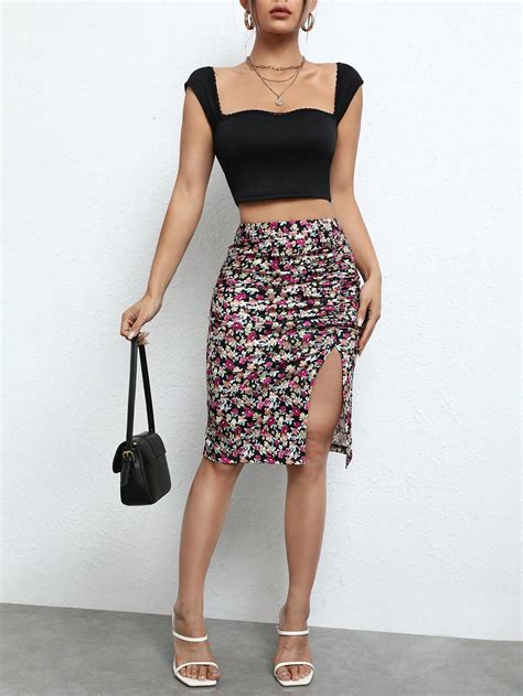 Shein Frenchy Ditsy Floral Print Ruched Split Thigh Skirt Shein Usa