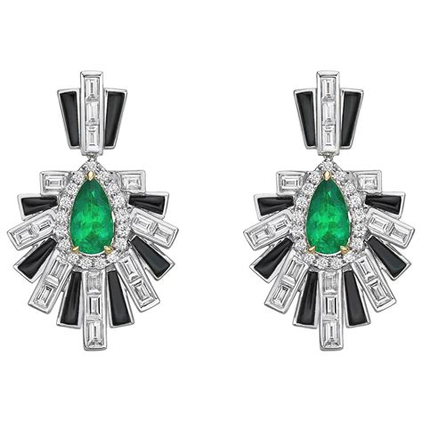 Art Deco Style Emerald Black Onyx And Diamond Earrings In 18 Karat White Gold For Sale At 1stdibs