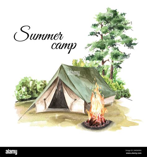 Hiking Tent And Bonfire In The Forest Camping Concept Hand Drawn