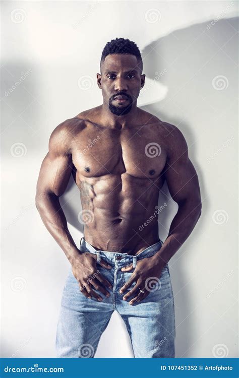 African American Bodybuilder Man Naked Muscular Torso Stock Photo